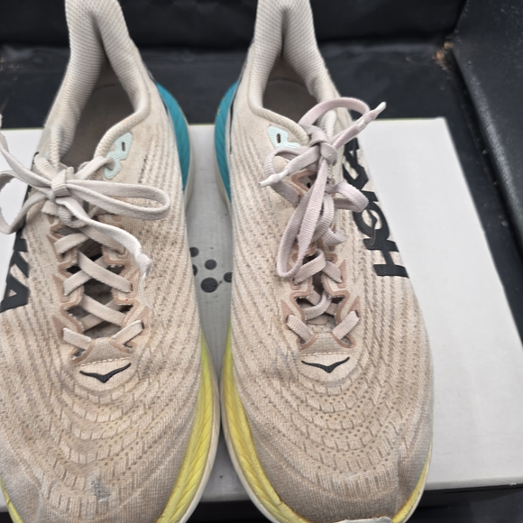 Hoka Beige Shoes with Yellow and Blue Gradient Sole - Picture 2 of 7